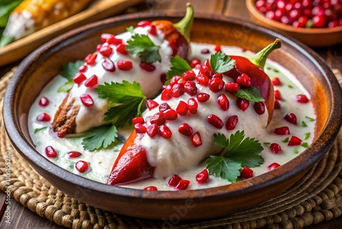  Traditional Mexican Chiles en Nogada, stuffed poblano peppers topped with creamy walnut sauce, pomegranate seeds, and parsley. A vibrant and festive dish served in a rustic bowl. photo