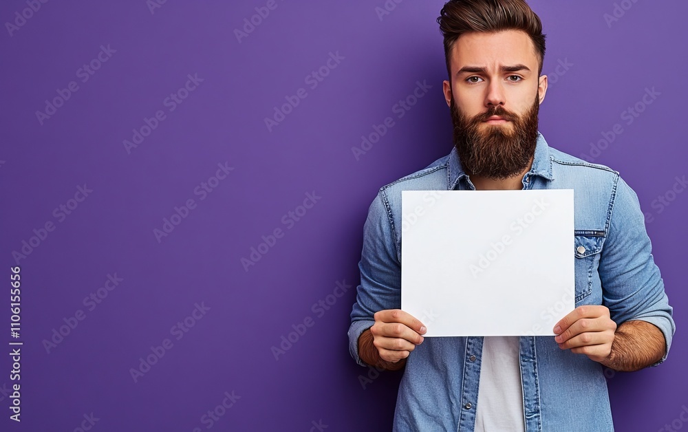 A man holding a blank sheet of paper against a purple background, suggesting a call for creativity or messaging. A man holding a blank sheet of paper against a purple background, suggesting a call for creativity or messaging.