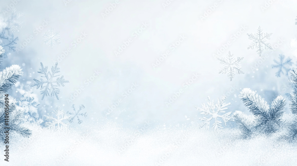 Winter wonderland background with snowflakes and frosty branches. This serene scene evokes sense of calm and beauty, perfect for seasonal themes Winter wonderland background with snowflakes and frosty branches. This serene scene evokes sense of calm and beauty, perfect for seasonal themes
