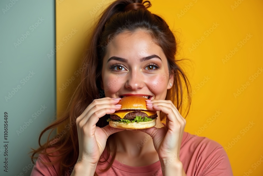 Delicious burger delight enjoyed by a cheerful woman in a vibrant colorful setting Delicious burger delight enjoyed by a cheerful woman in a vibrant colorful setting