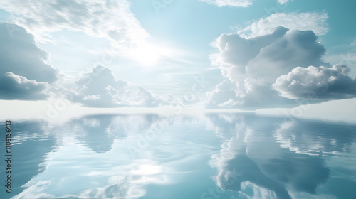 Contemplating Self-Doubt: A Mystical Pool of Water Reflecting Fragmented Memories Amidst Clouds and Ethereal Light