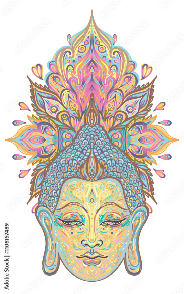 Buddha face over ornate mandala round pattern. Esoteric vintage vector illustration. Indian, Buddhism, spiritual art. Hippie tattoo, spirituality, Thai god, yoga zen Coloring book pages for adults. Buddha face over ornate mandala round pattern. Esoteric vintage vector illustration. Indian, Buddhism, spiritual art. Hippie tattoo, spirituality, Thai god, yoga zen Coloring book pages for adults.