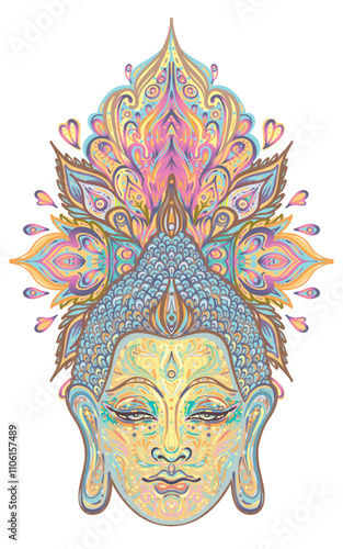 Buddha face over ornate mandala round pattern. Esoteric vintage vector illustration. Indian, Buddhism, spiritual art. Hippie tattoo, spirituality, Thai god, yoga zen Coloring book pages for adults.