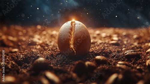 Nahaufnahme einer einzelnen Kaffeebohne symbolisiert die Kraft und Energie die in etwas steckt leuchtet und glitzert Generative AI photo