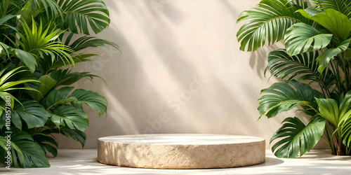 Natural Stone Podium with Green Tropical Leaves