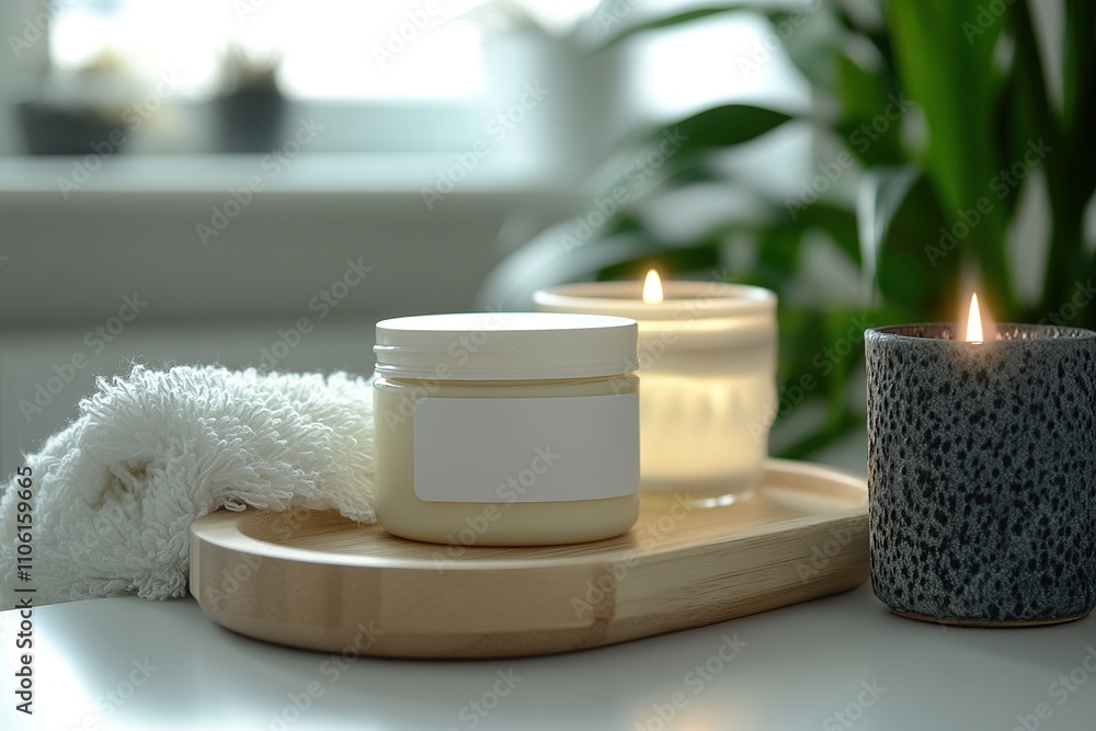 Spa setup with a jar of cream, lit candles, and a soft towel on a wooden tray in a serene, green-filled setting Spa setup with a jar of cream, lit candles, and a soft towel on a wooden tray in a serene, green-filled setting