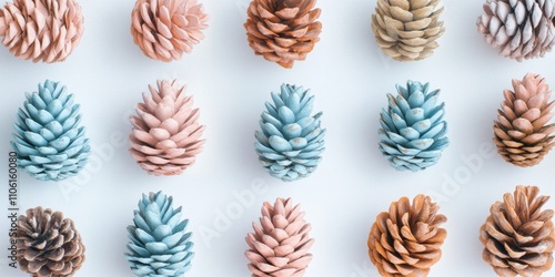 Fototapeta Naklejka Na Ścianę i Meble -  Pinecones painted in pastel hues, arranged artistically on a white background, giving a modern twist to holiday aesthetics