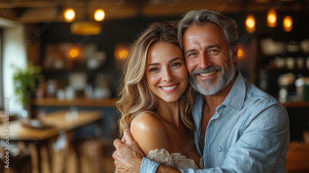 Fototapeta premium Joyful couple shares a moment in a cozy cafe during a sunny afternoon, enjoying the warmth of their friendship and connection. Generative AI