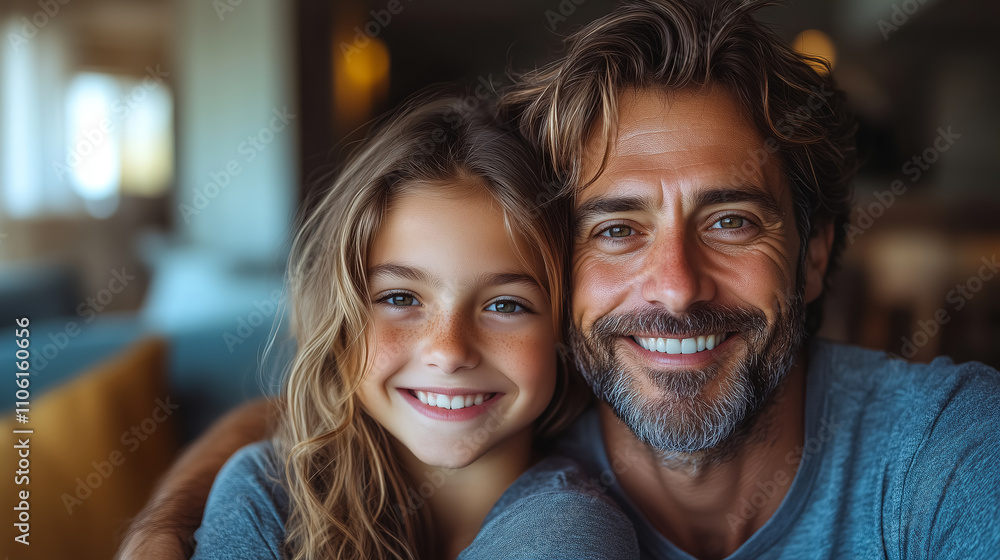 Smiling father and daughter share a joyful moment indoors during the afternoon light. Generative AI Smiling father and daughter share a joyful moment indoors during the afternoon light. Generative AI