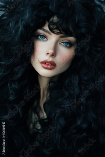 A photo of an extremely long, curly-haired woman with black hair, blue eyes, long eyelashes, and full lips.