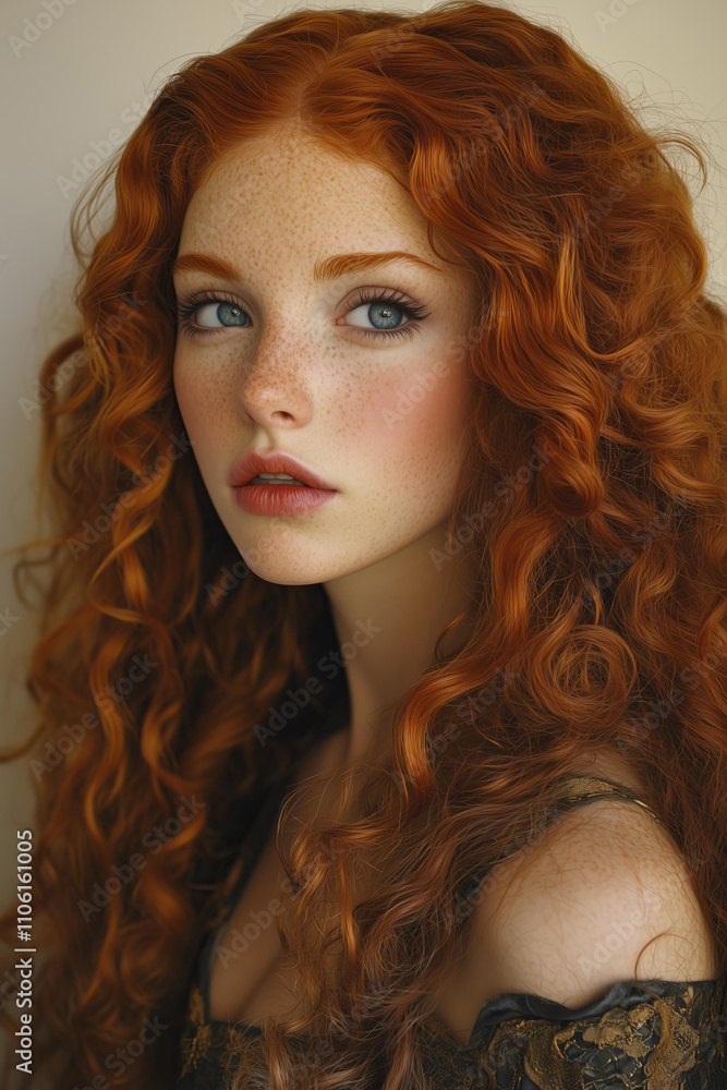 A photo of an extremely long, curly-haired woman with red hair, blue eyes, long eyelashes, and full lips. A photo of an extremely long, curly-haired woman with red hair, blue eyes, long eyelashes, and full lips.