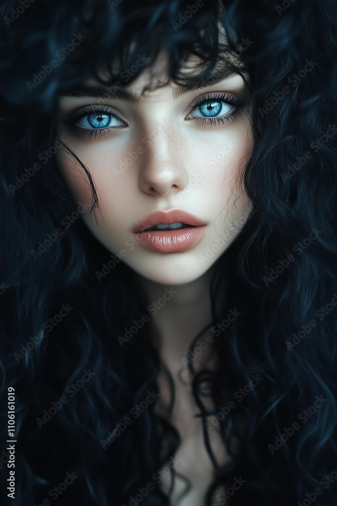 Fototapeta premium A photo of an extremely long, curly-haired woman with black hair, blue eyes, long eyelashes, and full lips.