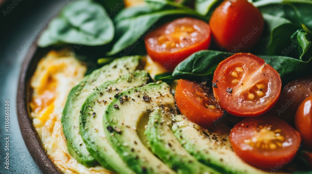 A nutritious breakfast plate showcases a fluffy spinach omelette adorned with fresh avocado slices and vibrant cherry tomatoes, set in a warm and inviting atmosphere. A nutritious breakfast plate showcases a fluffy spinach omelette adorned with fresh avocado slices and vibrant cherry tomatoes, set in a warm and inviting atmosphere.