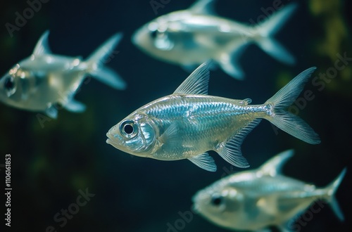 Graceful School of Transparent Fish Gliding Through Clear Water in an Aquatic Environment, Showcasing Marine Life and Vibrant Underwater Colors