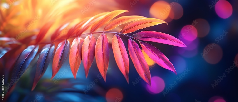 A vibrant, illuminated leaf against a colorful bokeh background. A vibrant, illuminated leaf against a colorful bokeh background.
