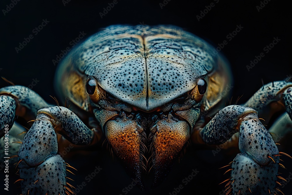 Macro photograph of the head of a scorpion ultra-sharp close-up on dark. Macro photograph of the head of a scorpion ultra-sharp close-up on dark.