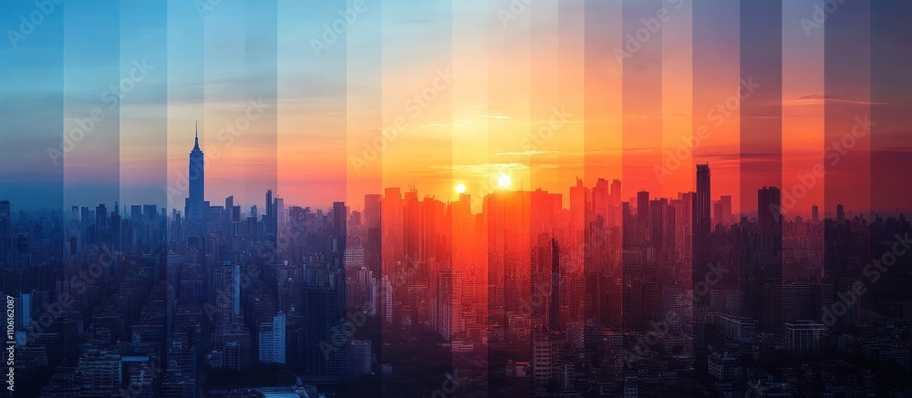 A colorful sunset over a cityscape with skyscrapers. A colorful sunset over a cityscape with skyscrapers.