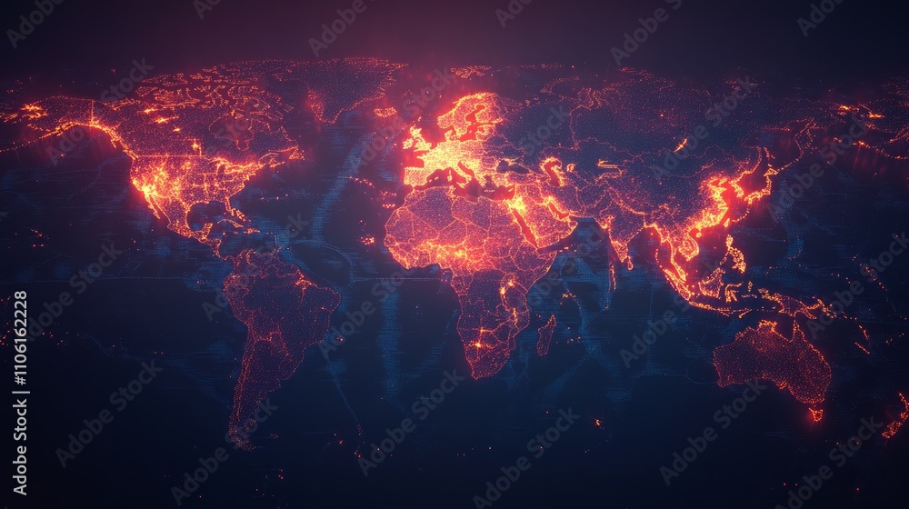 Glowing world map at night, showing illuminated cities and continents. Glowing world map at night, showing illuminated cities and continents.