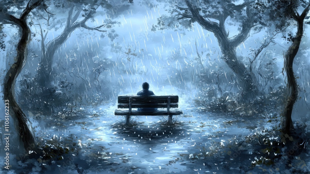 Obraz premium A solitary figure sits on a bench in a rain-soaked, atmospheric park scene.