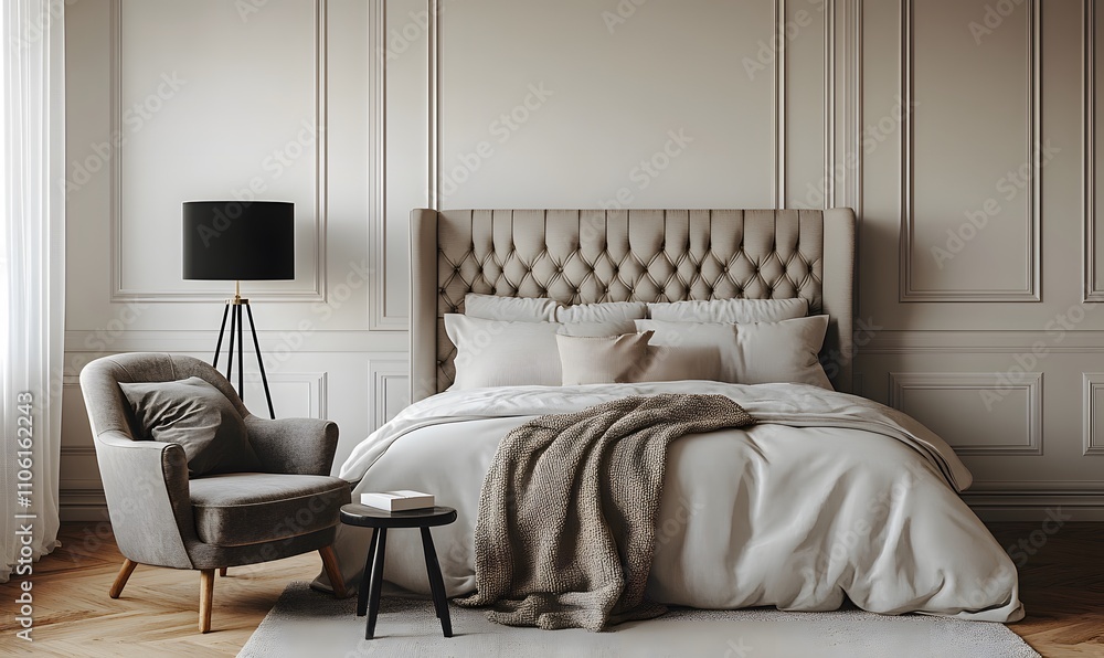 Fototapeta premium A serene bedroom with a grey armchair and stool near a plush bed with a stylish headboard