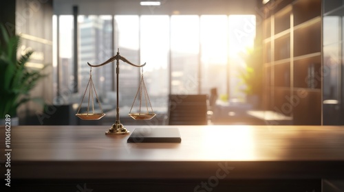 Scales of Justice in Modern Law Office Sunrise