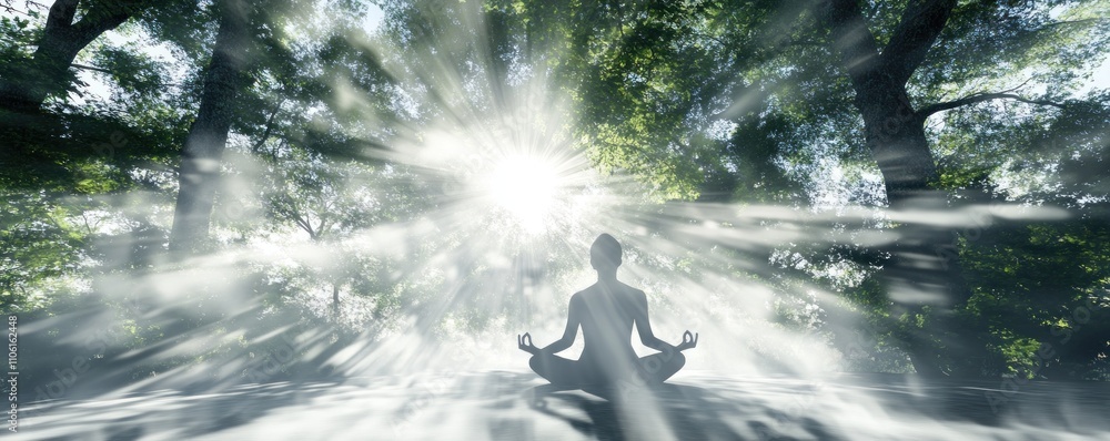 A serene figure meditates in a sunlit forest, surrounded by radiant beams of light. A serene figure meditates in a sunlit forest, surrounded by radiant beams of light.