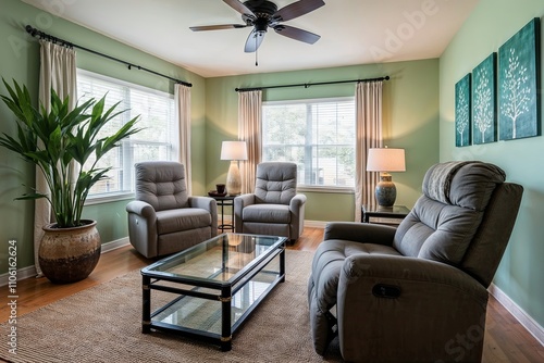 Zen Inspired Living Room Design Featuring Recliner Glass Coffee Table and Artistic Wall Decor photo