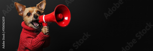 cubby red dog wearing a red sweater and holding a red megaphone against a solid black color background, suitable for black friday advertising or banner design.