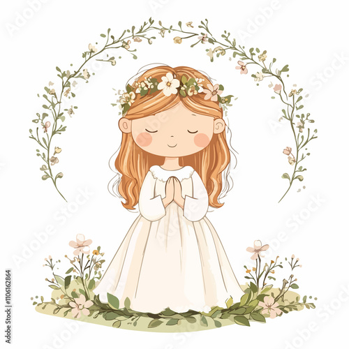 Serene Little Girl Wearing Flower Wreath at First Communion