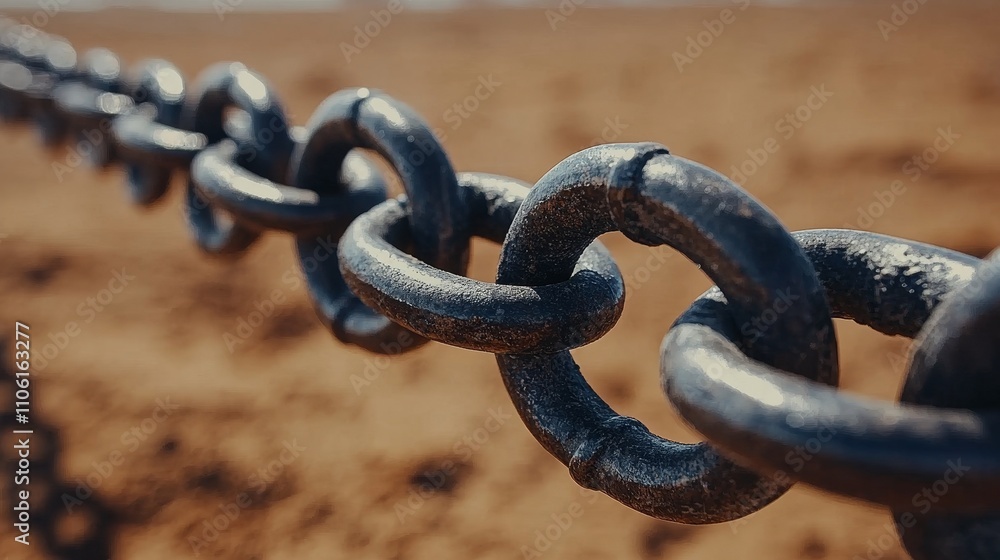 Close-up view of a metallic chain links on the ground Close-up view of a metallic chain links on the ground