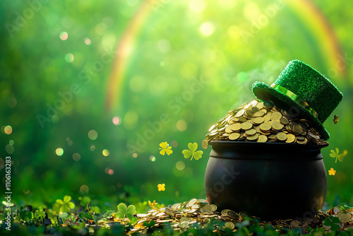 
traditional st patrick day cauldron full of golden coins, rainbow behind, green beer, leprechaun hat , blurred confetti flying around, isolated on a green background


