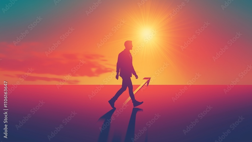 silhouette of person in sunset, Career Development and Success. A sleek design featuring an upward-trending arrow and confident individual walking towards a shining horizon, symbolizing career growth silhouette of person in sunset, Career Development and Success. A sleek design featuring an upward-trending arrow and confident individual walking towards a shining horizon, symbolizing career growth