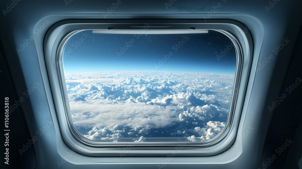Scenic view of clouds and earth from a spaceship window in space, with distant stars in sight Scenic view of clouds and earth from a spaceship window in space, with distant stars in sight