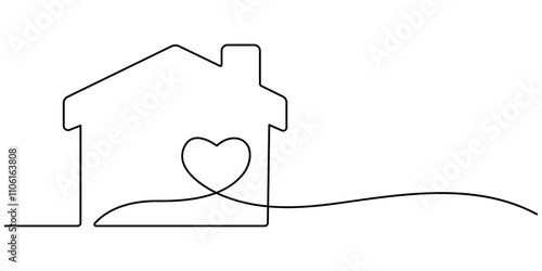Heart inside house continuous one line drawn. Love home concept. Vector illustration isolated on white, Home Sweet Home Continuous Line Icon, Homeless Shelter, Sweet Home continuous line drawing.