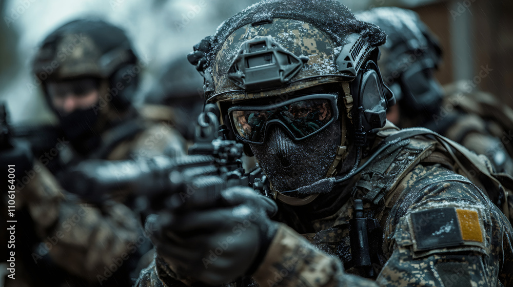 Soldiers in camo uniforms aiming assault rifles during a winter forest military operation Soldiers in camo uniforms aiming assault rifles during a winter forest military operation