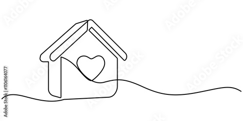 Heart inside house continuous one line drawn. Love home concept. Vector illustration isolated on white, Home Sweet Home Continuous Line Icon, Homeless Shelter, Sweet Home continuous line drawing.