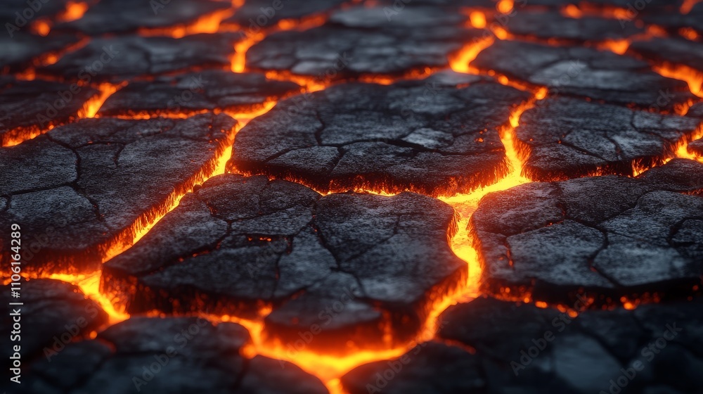 Glowing lava cracks in a dark volcanic landscape Glowing lava cracks in a dark volcanic landscape