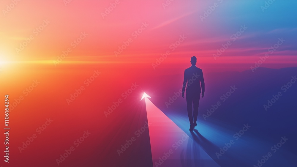 Career Development and Success. A sleek design featuring an upward-trending arrow and confident individual walking towards a shining horizon, symbolizing career growth Career Development and Success. A sleek design featuring an upward-trending arrow and confident individual walking towards a shining horizon, symbolizing career growth