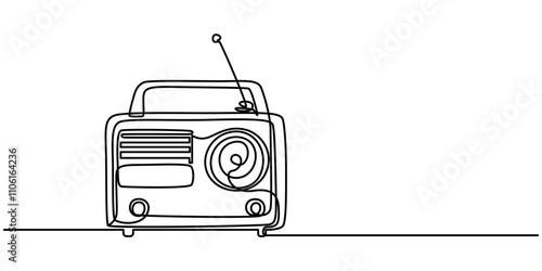 Continuous one line drawing of Old school radio. Modern continuous line draw design graphic vector illustration, One continuous line drawing of retro old classic radio player. Vintage analog audio.