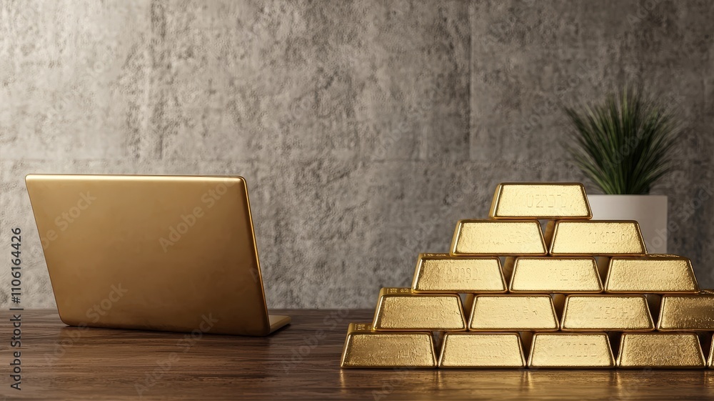 economic windfall and wealth concept. Gold bars stacked beside a laptop on a wooden table with a plant in the background. economic windfall and wealth concept. Gold bars stacked beside a laptop on a wooden table with a plant in the background.