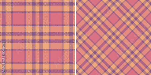 Vector seamless pattern of background check plaid with a textile tartan fabric texture. Set in sunset colors for graphic design detailed editable swatch.