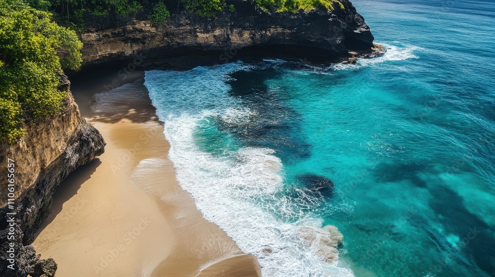 Naklejka premium Serene Tropical Beach with Crystal Clear Waters and Gentle Waves, Surrounded by Lush Green Cliffs and Scenic Rocky Outcrops for Ultimate Relaxation