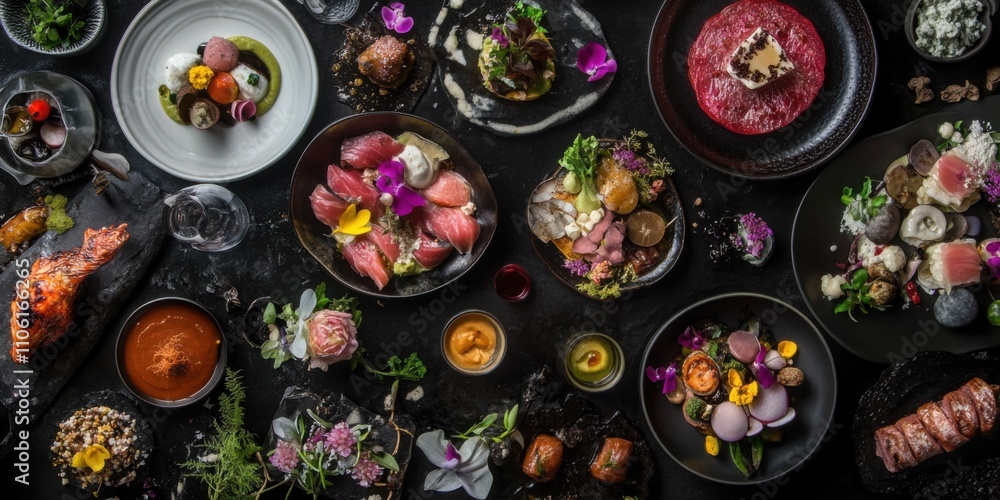 Top-down view of a celebratory feast, featuring gourmet dishes and table decorations Top-down view of a celebratory feast, featuring gourmet dishes and table decorations