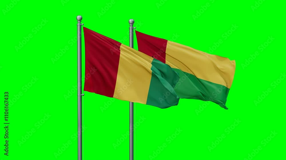 Guinea-Bissau and Guinea-Conakry flags flying together, video concept of the relationship with colored chroma key for easy background remove Guinea-Bissau and Guinea-Conakry flags flying together, video concept of the relationship with colored chroma key for easy background remove