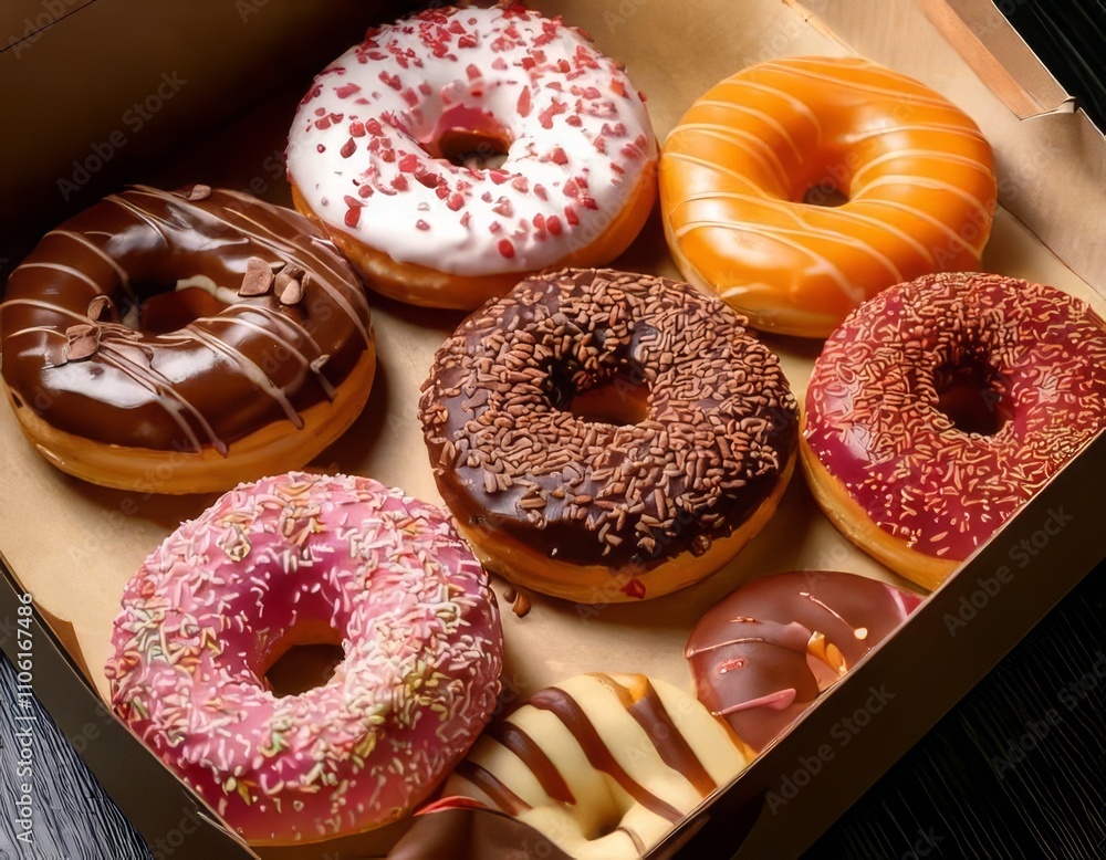 Colorful and tasty donuts with chocolate, pink and white icing and various toppings are packed in a cardboard box Colorful and tasty donuts with chocolate, pink and white icing and various toppings are packed in a cardboard box