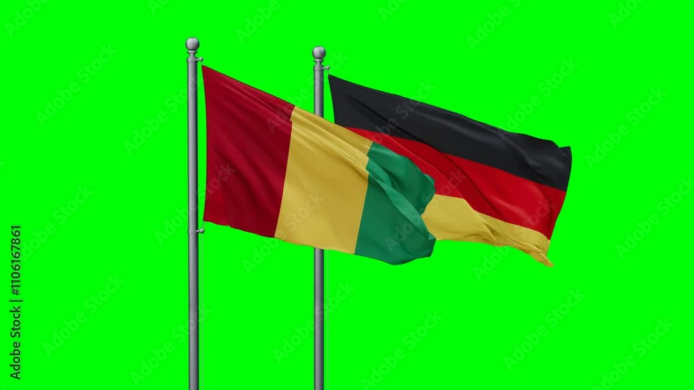 Germany and Guinea-Conakry flags flying together, video concept of the relationship with colored chroma key for easy background remove Germany and Guinea-Conakry flags flying together, video concept of the relationship with colored chroma key for easy background remove