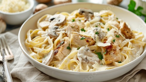 Creamy Alfredo pasta with chicken, mushrooms and parmesan cheese. Healthy Italian food. 