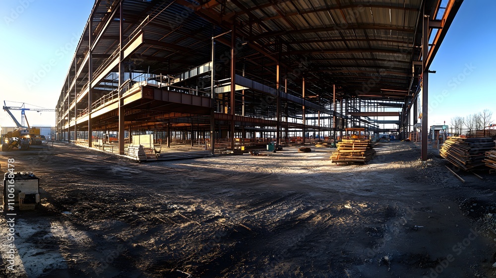 Steel Structure Rising Modern Building Under Construction Steel Structure Rising Modern Building Under Construction