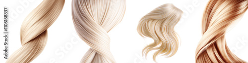 Lock of female blonde hair, hair sample set isolated Png, transparent without background.