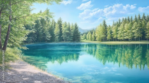 Serene Lakeside Forest Scene with Tranquil Reflections